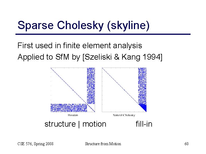 Sparse Cholesky (skyline) First used in finite element analysis Applied to Sf. M by Sparse Cholesky (skyline) First used in finite element analysis Applied to Sf. M by