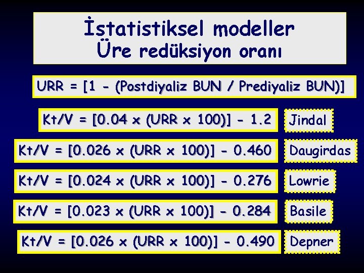 İstatistiksel modeller Üre redüksiyon oranı URR = [1 - (Postdiyaliz BUN / Prediyaliz BUN)]