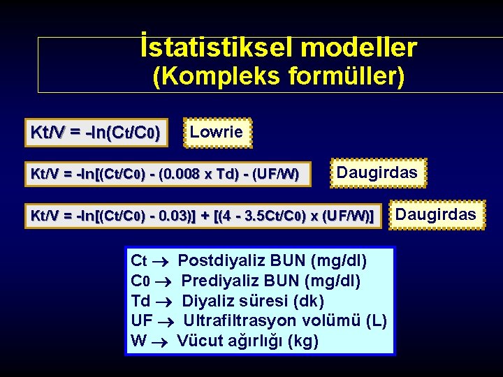 İstatistiksel modeller (Kompleks formüller) Kt/V = -ln(Ct/C 0) Lowrie Kt/V = -ln[(Ct/C 0) -