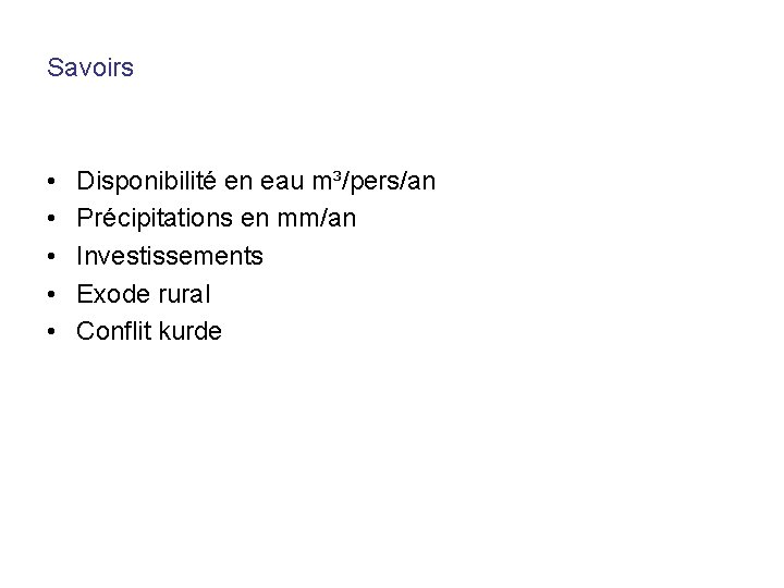 Savoirs • • • Disponibilité en eau m³/pers/an Précipitations en mm/an Investissements Exode rural