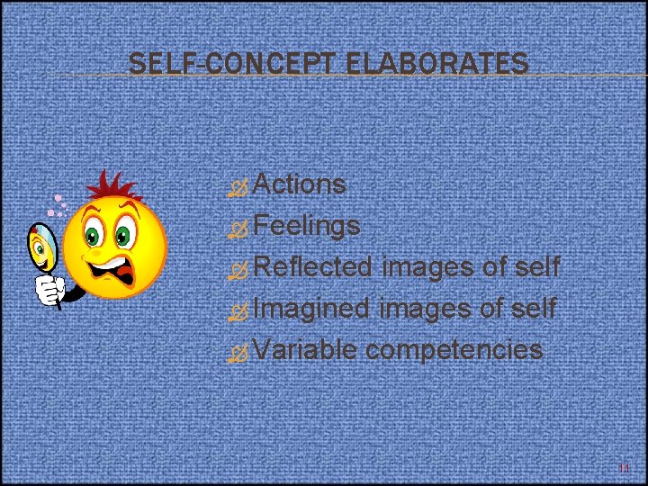 SELF-CONCEPT ELABORATES Actions Feelings Reflected images of self Imagined images of self Variable competencies SELF-CONCEPT ELABORATES Actions Feelings Reflected images of self Imagined images of self Variable competencies