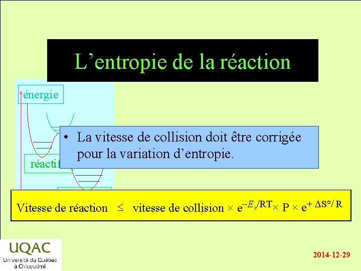L’entropie de la réaction énergie • La vitesse de collision doit être corrigée pour