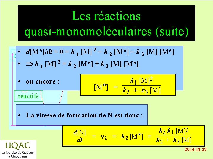 Les réactions quasi-monomoléculaires (suite) • d[M*]/dt = 0 = k 1 [M] 2 -