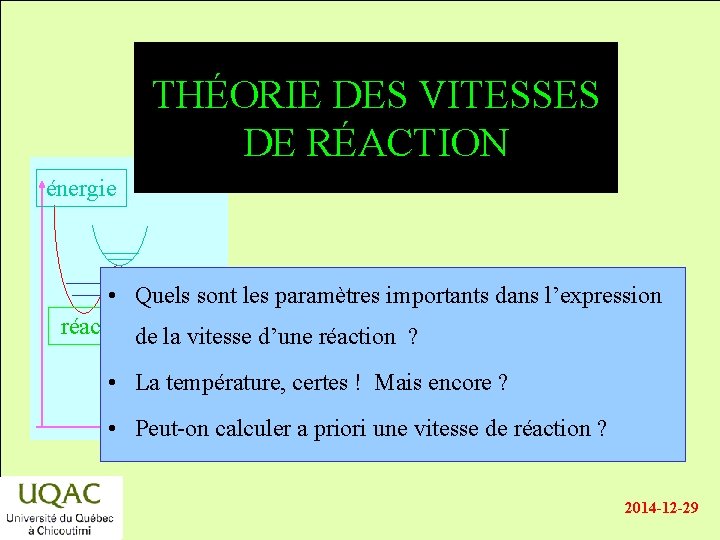 THÉORIE DES VITESSES DE RÉACTION énergie • Quels sont les paramètres importants dans l’expression