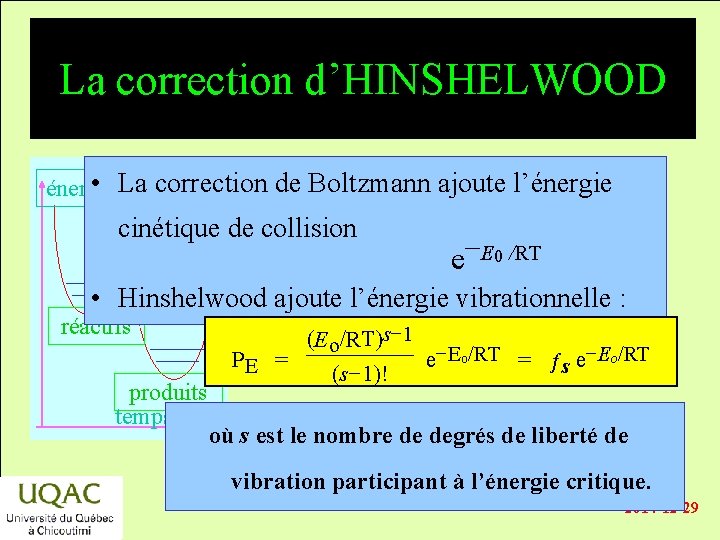 La correction d’HINSHELWOOD • La correction de Boltzmann ajoute l’énergie cinétique de collision e