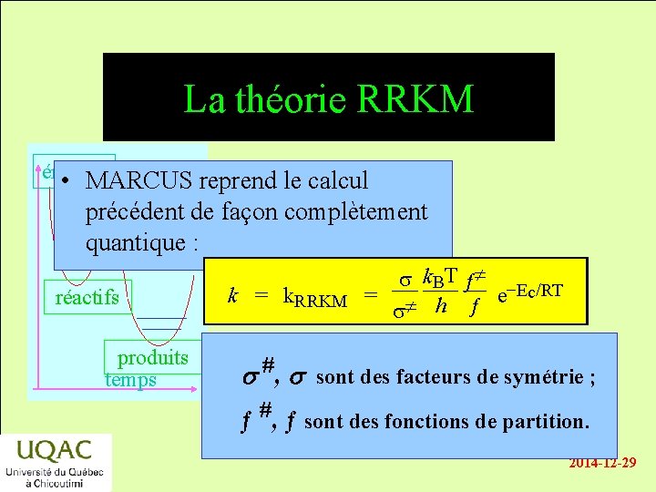 La théorie RRKM énergie • MARCUS reprend le calcul précédent de façon complètement quantique