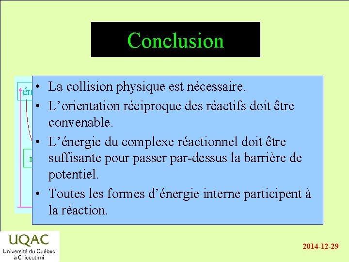 Conclusion • La collision physique est nécessaire. énergie • L’orientation réciproque des réactifs doit