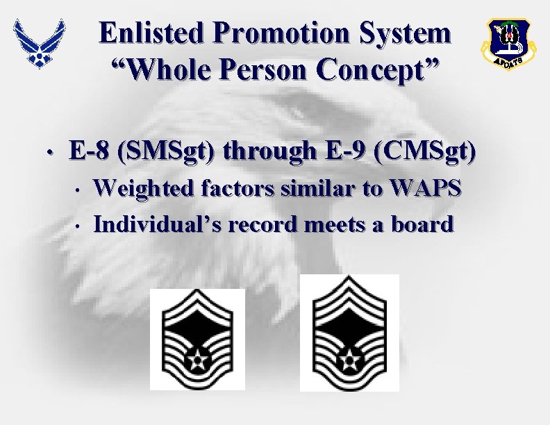 Enlisted Promotion System “Whole Person Concept” • E-8 (SMSgt) through E-9 (CMSgt) • • Enlisted Promotion System “Whole Person Concept” • E-8 (SMSgt) through E-9 (CMSgt) • •