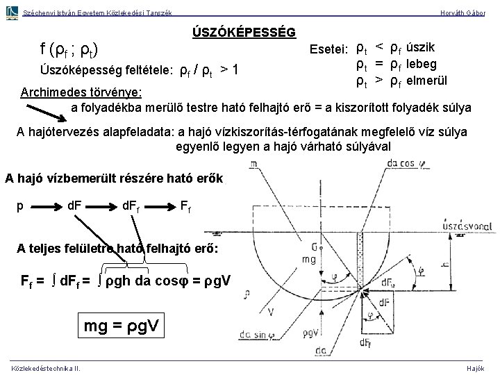 Széchenyi István Egyetem Közlekedési Tanszék Horváth Gábor ÚSZÓKÉPESSÉG f (ρf ; ρt) Úszóképesség feltétele: