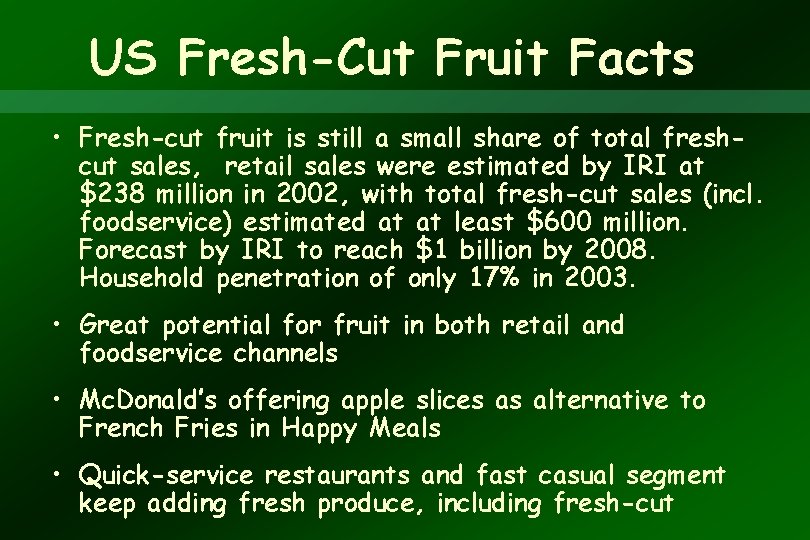 US Fresh-Cut Fruit Facts • Fresh-cut fruit is still a small share of total