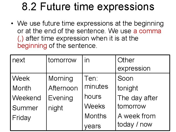 8. 2 Future time expressions • We use future time expressions at the beginning