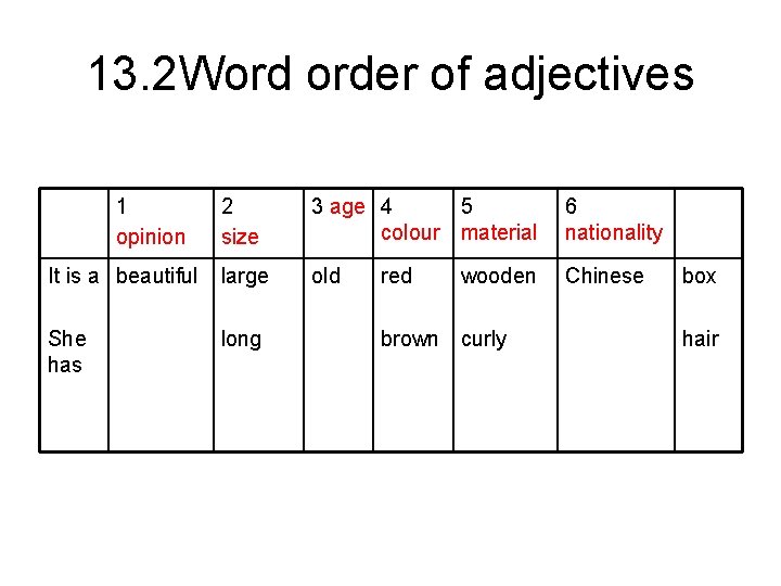 13. 2 Word order of adjectives 1 opinion 2 size 3 age 4 5