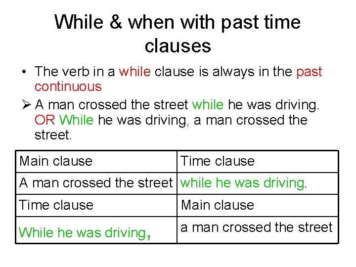 While & when with past time clauses • The verb in a while clause