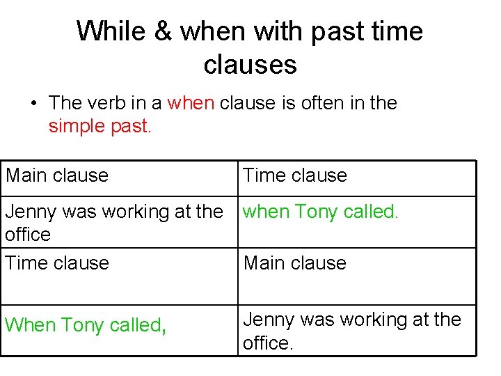 While & when with past time clauses • The verb in a when clause