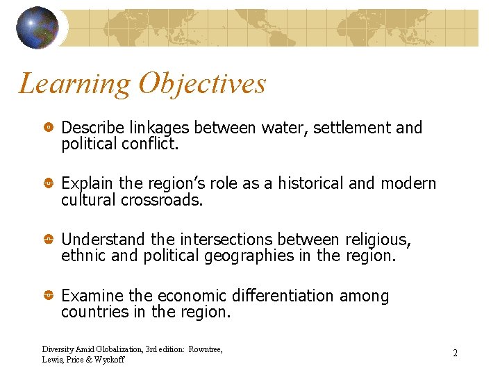 Learning Objectives Describe linkages between water, settlement and political conflict. Explain the region’s role