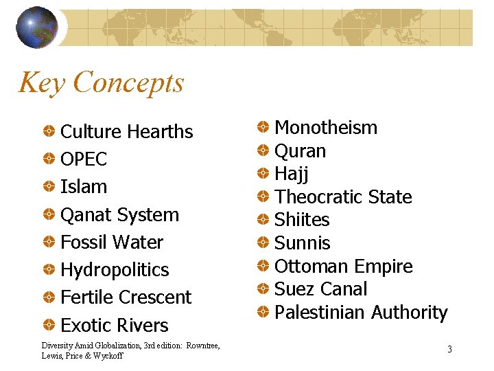 Key Concepts Culture Hearths OPEC Islam Qanat System Fossil Water Hydropolitics Fertile Crescent Exotic
