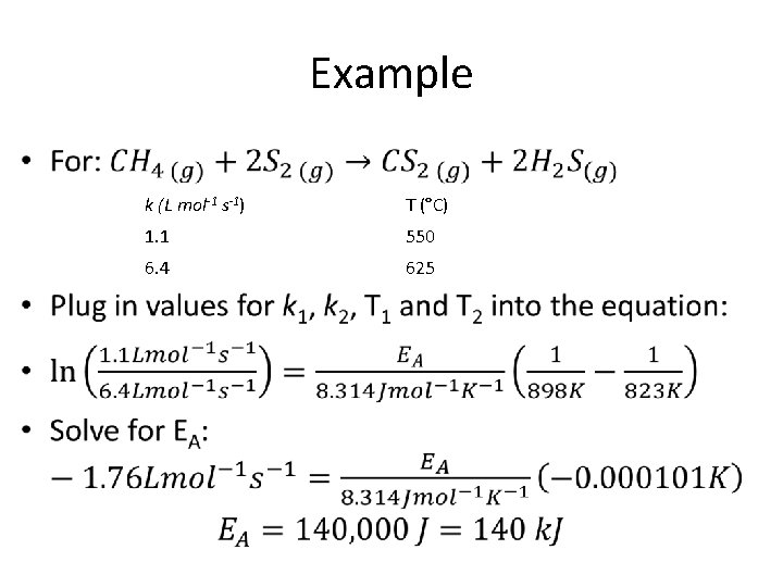 Example • k (L mol-1 s-1) T (°C) 1. 1 550 6. 4 625