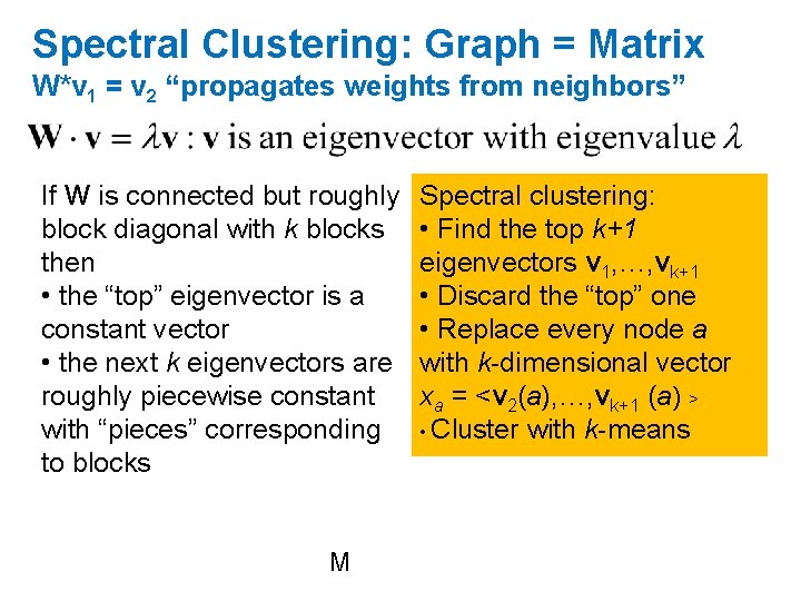 Spectral Clustering: Graph = Matrix W*v 1 = v 2 “propagates weights from neighbors”