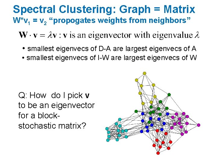 Spectral Clustering: Graph = Matrix W*v 1 = v 2 “propogates weights from neighbors”