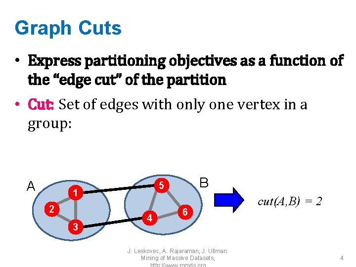 Graph Cuts • Express partitioning objectives as a function of the “edge cut” of