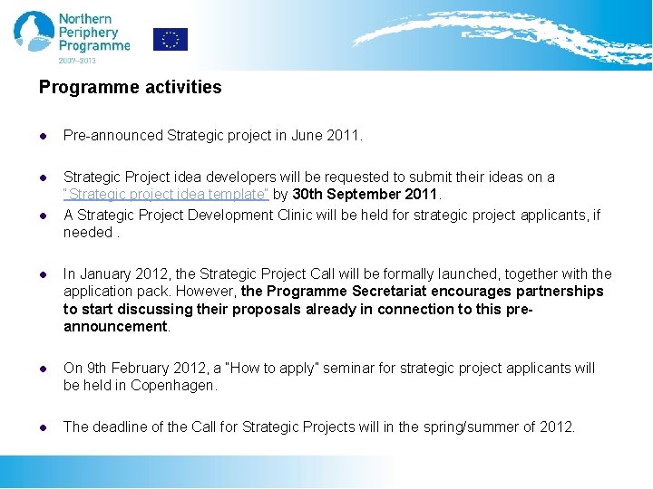 Programme activities l Pre-announced Strategic project in June 2011. l Strategic Project idea developers