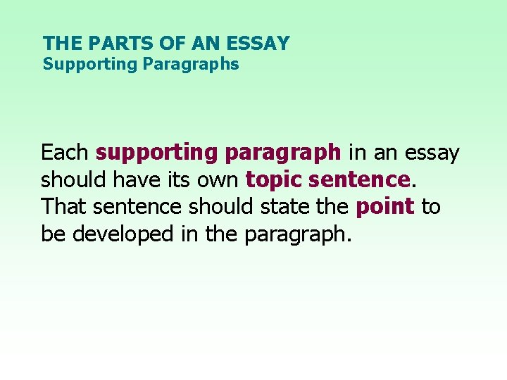 THE PARTS OF AN ESSAY Supporting Paragraphs Each supporting paragraph in an essay should