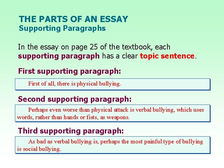 THE PARTS OF AN ESSAY Supporting Paragraphs In the essay on page 25 of