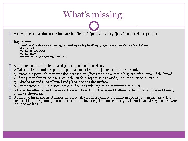 What’s missing: � Assumptions: that the reader knows what "bread, " "peanut butter, "