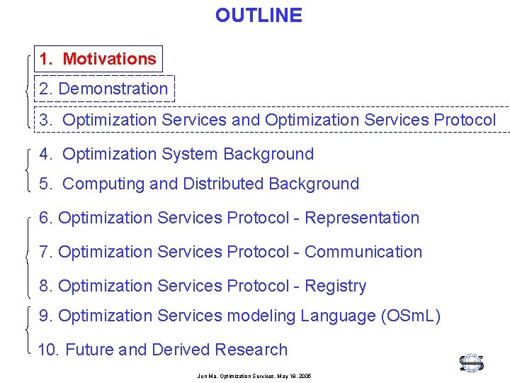 OUTLINE 1. Motivations 2. Demonstration 3. Optimization Services and Optimization Services Protocol 4. Optimization