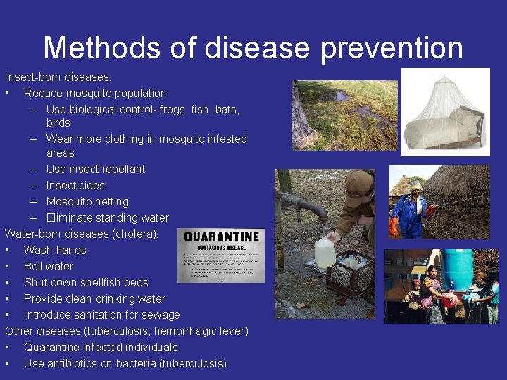 Methods of disease prevention Insect-born diseases: • Reduce mosquito population – Use biological control-