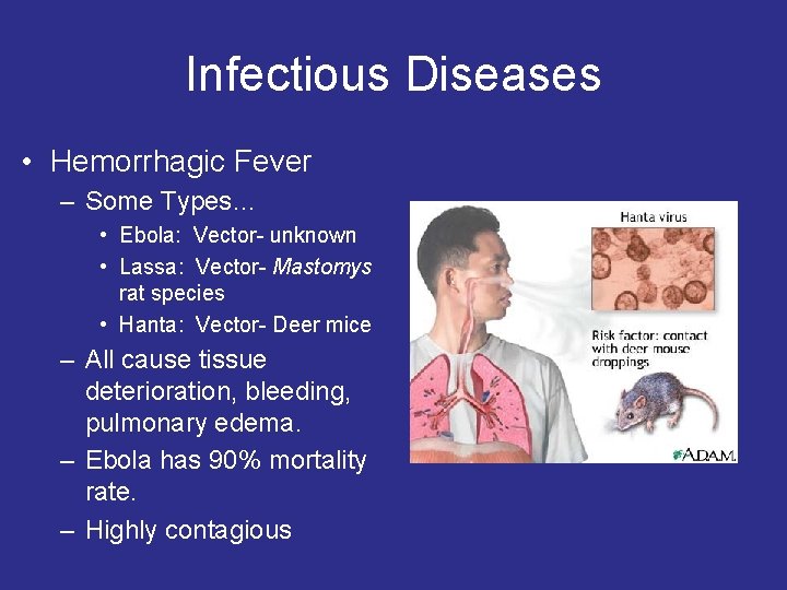 Infectious Diseases • Hemorrhagic Fever – Some Types… • Ebola: Vector- unknown • Lassa: