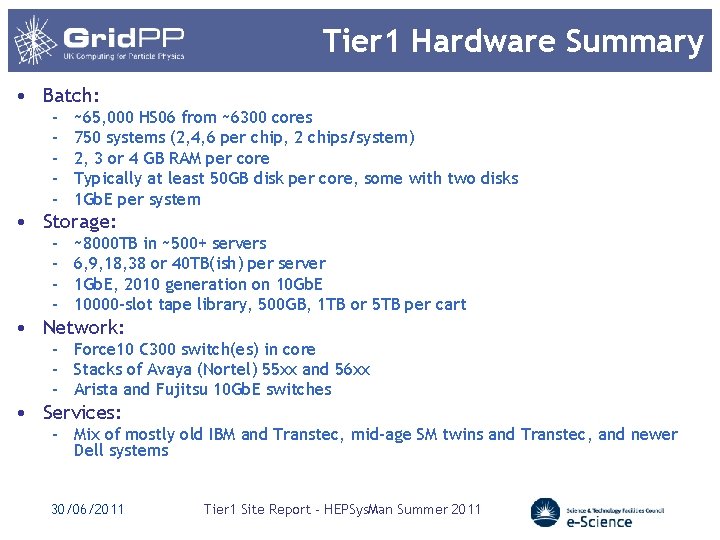 Tier 1 Hardware Summary • Batch: – – – ~65, 000 HS 06 from