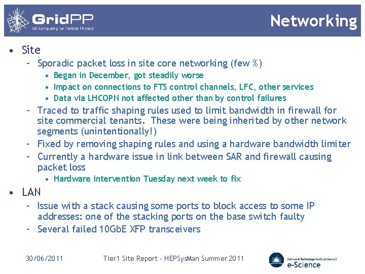 Networking • Site – Sporadic packet loss in site core networking (few %) • Networking • Site – Sporadic packet loss in site core networking (few %) •