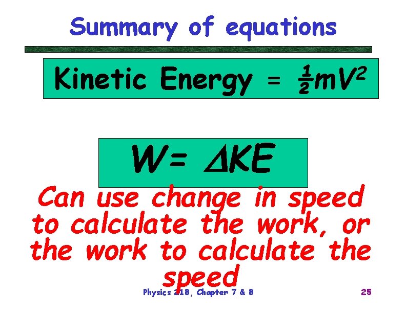 Summary of equations Kinetic Energy = 2 ½m. V W= DKE Can use change