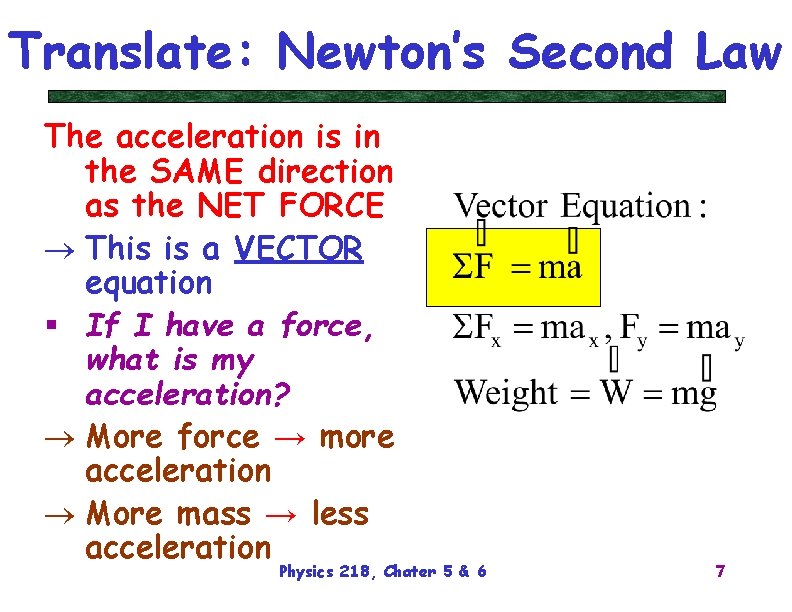 Translate: Newton’s Second Law The acceleration is in the SAME direction as the NET