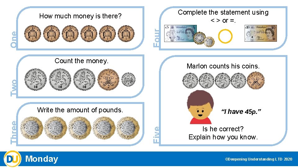 Complete the statement using < > or =. One Four How much money is