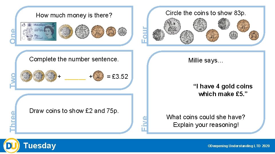 Circle the coins to show 83 p. One Four How much money is there?