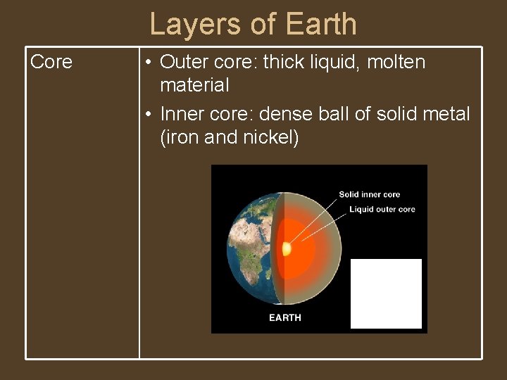 Layers of Earth Core • Outer core: thick liquid, molten material • Inner core: