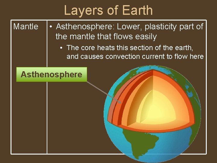Layers of Earth Mantle • Asthenosphere: Lower, plasticity part of the mantle that flows