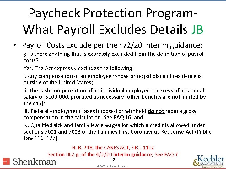 Paycheck Protection Program. What Payroll Excludes Details JB • Payroll Costs Exclude per the