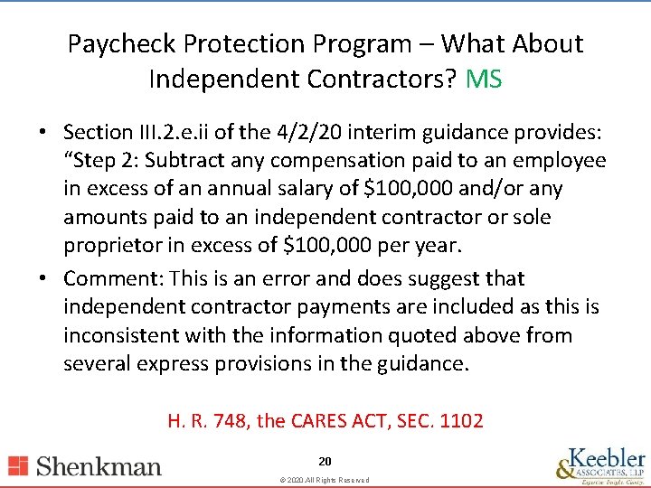 Paycheck Protection Program – What About Independent Contractors? MS • Section III. 2. e.