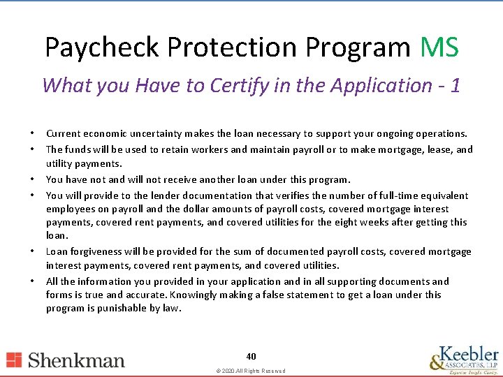 Paycheck Protection Program MS What you Have to Certify in the Application - 1