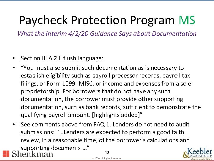 Paycheck Protection Program MS What the Interim 4/2/20 Guidance Says about Documentation • Section