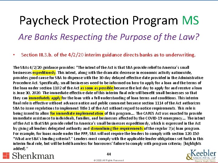 Paycheck Protection Program MS Are Banks Respecting the Purpose of the Law? • Section