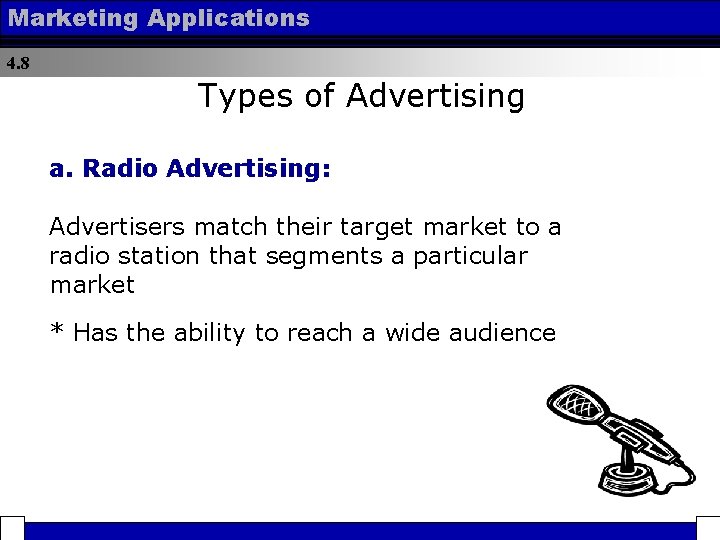 Marketing Applications 4. 8 Types of Advertising a. Radio Advertising: Advertisers match their target