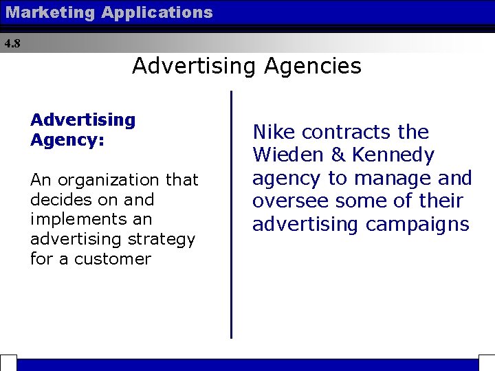 Marketing Applications 4. 8 Advertising Agencies Advertising Agency: An organization that decides on and