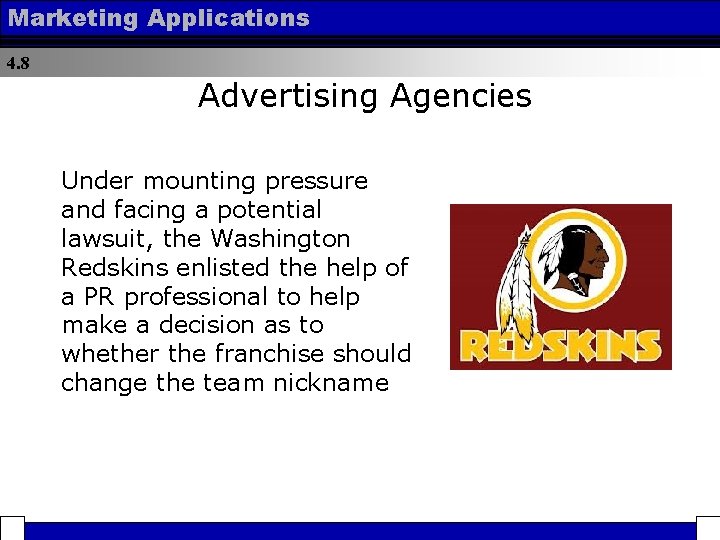 Marketing Applications 4. 8 Advertising Agencies Under mounting pressure and facing a potential lawsuit,