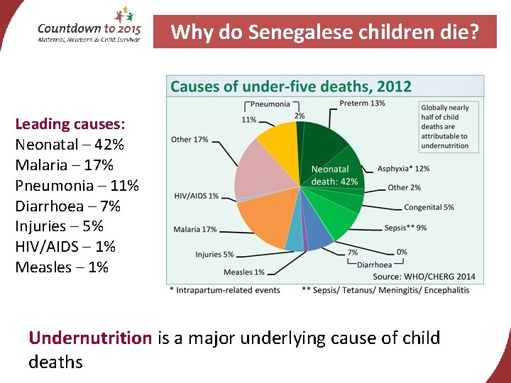 Why do Senegalese children die? Leading causes: Neonatal – 42% Malaria – 17% Pneumonia