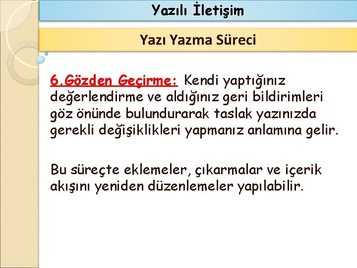 Yazılı İletişim Yazı Yazma Süreci 6. Gözden Geçirme: Kendi yaptığınız değerlendirme ve aldığınız geri