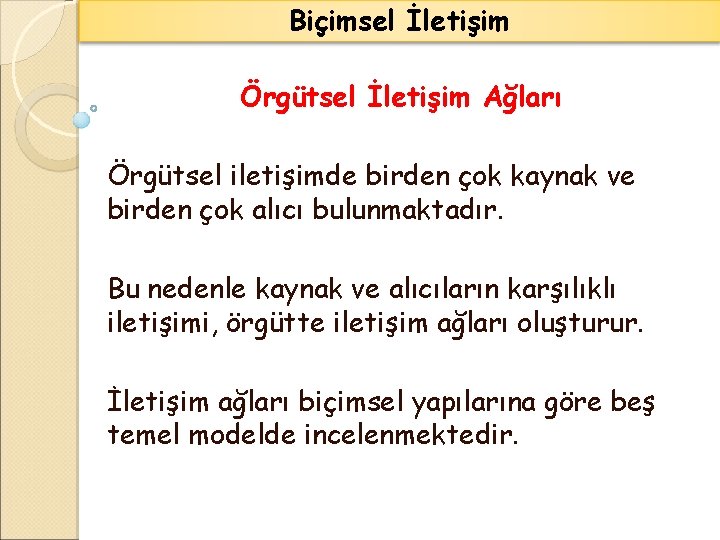 Biçimsel İletişim Örgütsel İletişim Ağları Örgütsel iletişimde birden çok kaynak ve birden çok alıcı